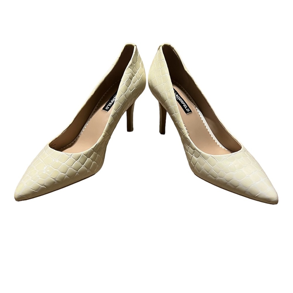 Karl Lagerfeld Paris Croc Embossed Leather Heels Pumps Bright White
